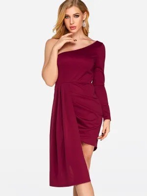 Wholesale Burgundy One Shoulder Long Sleeve Pleated Irregular Hem Sexy Dresses