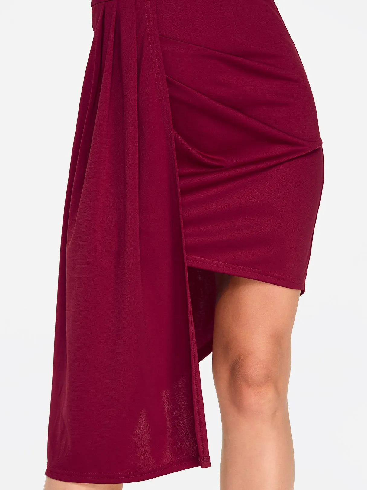 Wholesale Burgundy One Shoulder Long Sleeve Pleated Irregular Hem Sexy Dresses