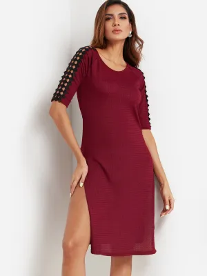 Wholesale Burgundy Round Neck Half Sleeve Lace Cut Out Slit Hem Sexy Dress