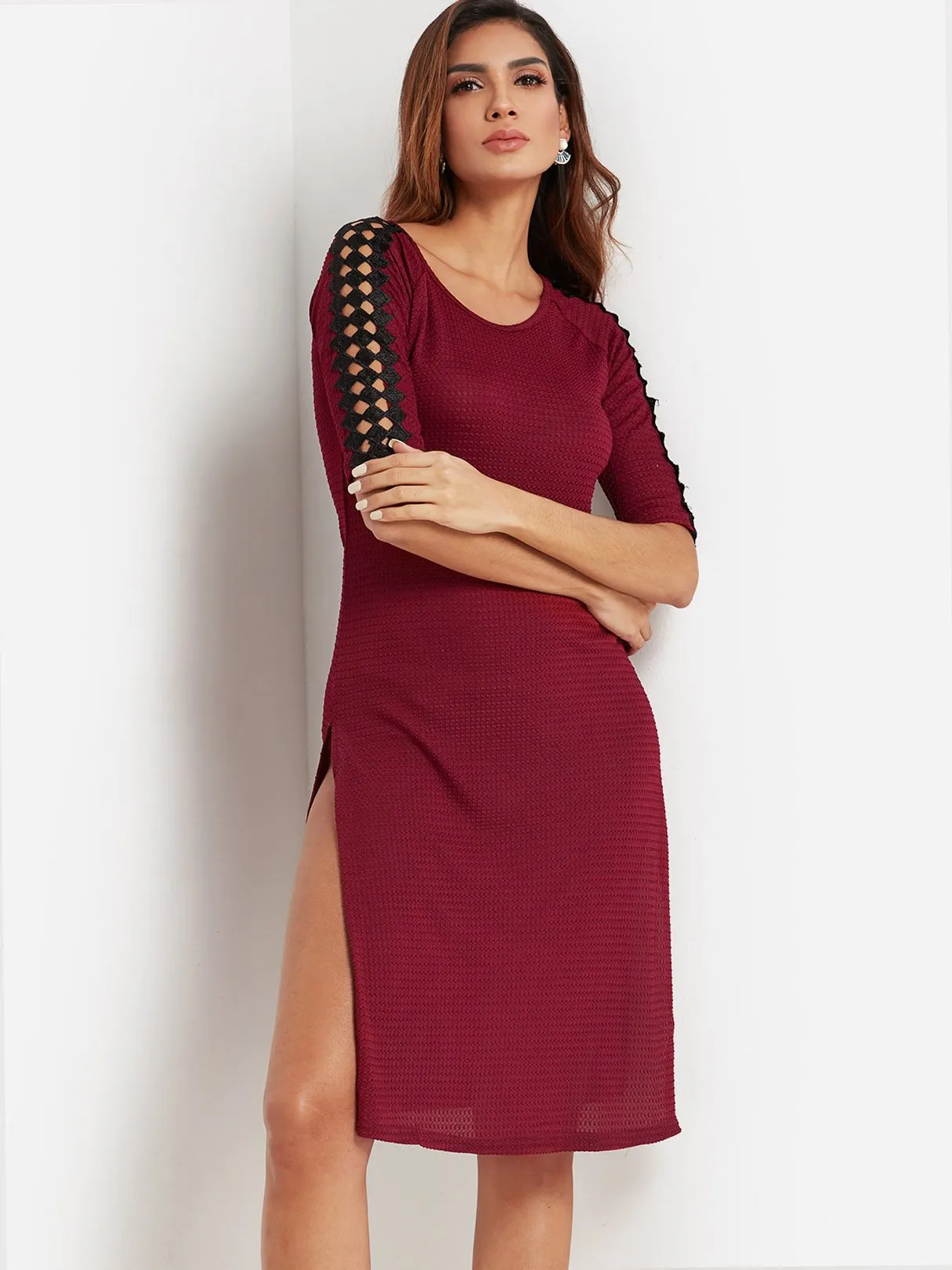 Wholesale Burgundy Round Neck Half Sleeve Lace Cut Out Slit Hem Sexy Dress