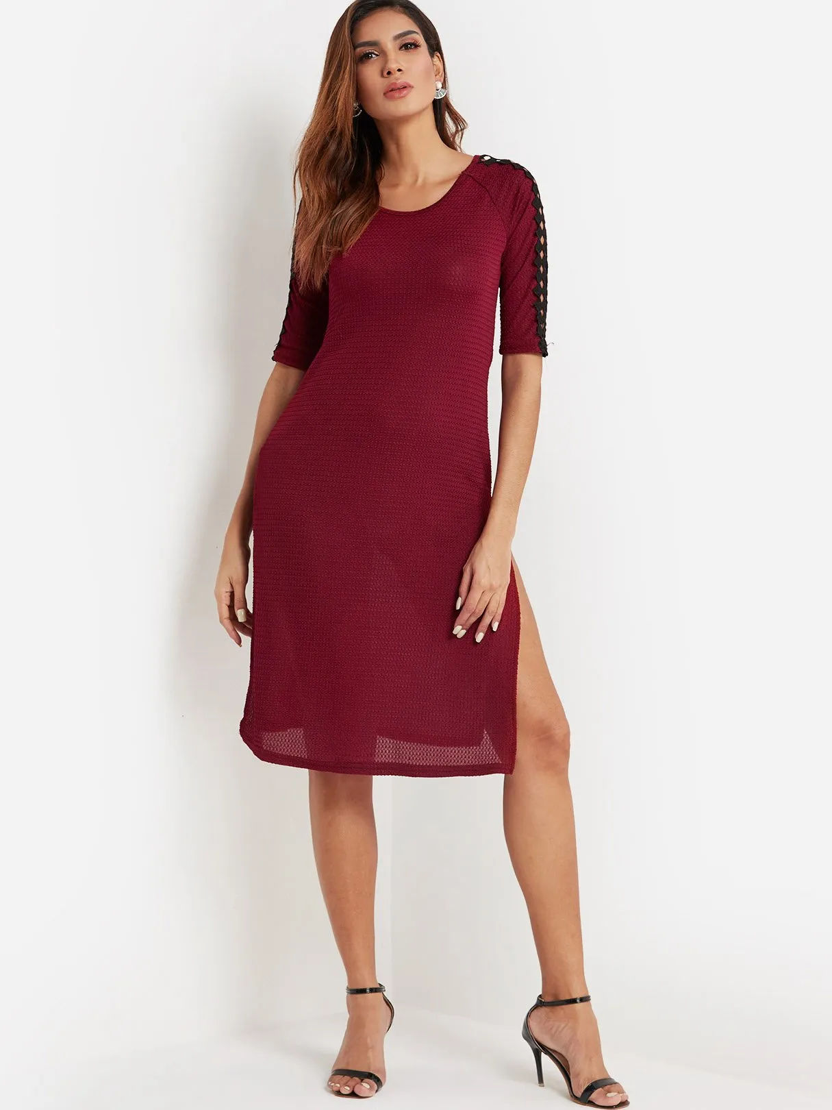 Wholesale Burgundy Round Neck Half Sleeve Lace Cut Out Slit Hem Sexy Dress