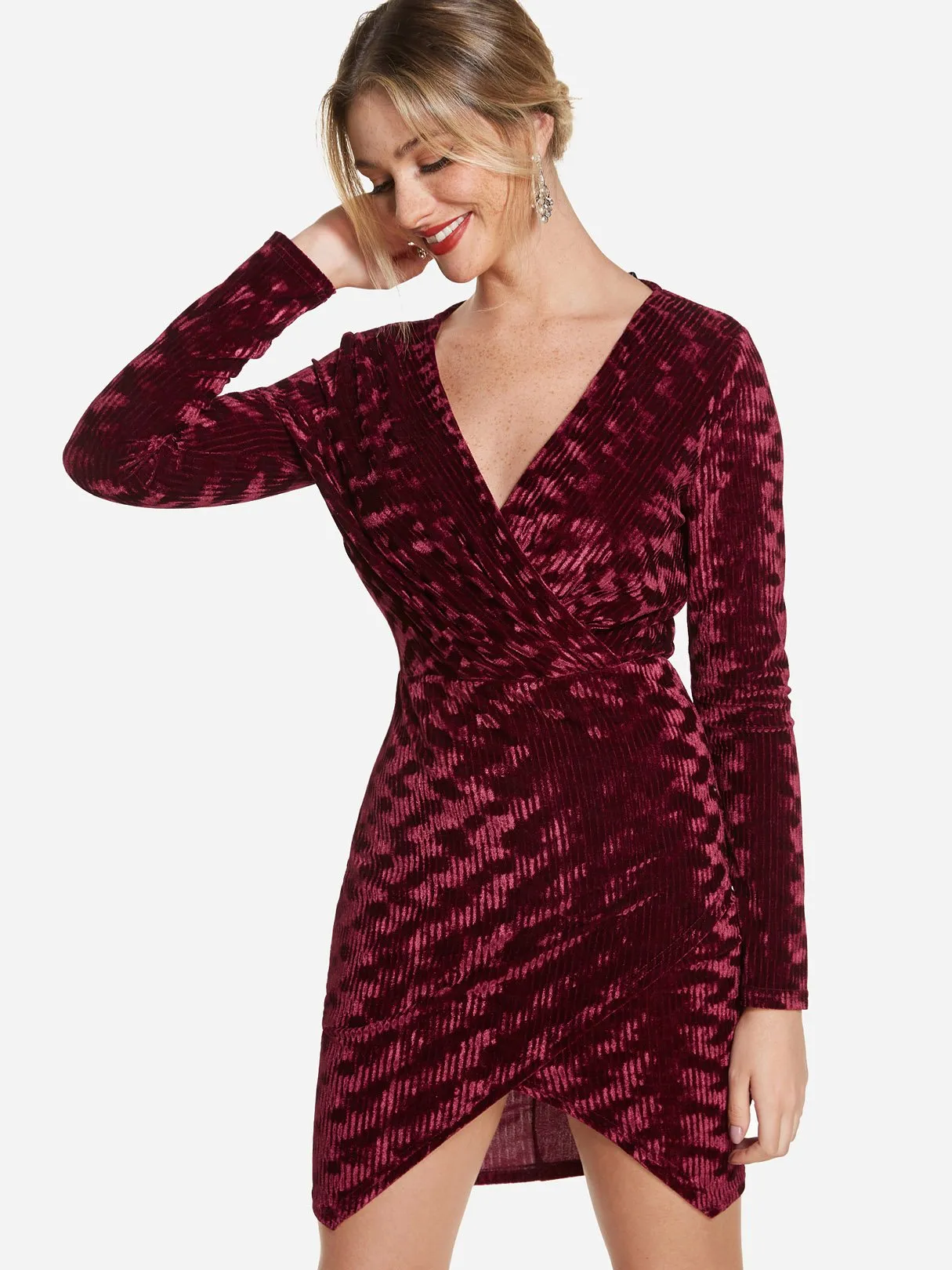 Wholesale Deep V Neck Plain Wrap Long Sleeve Burgundy Sexy Dresses