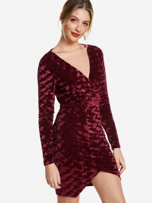 Wholesale Deep V Neck Plain Wrap Long Sleeve Burgundy Sexy Dresses