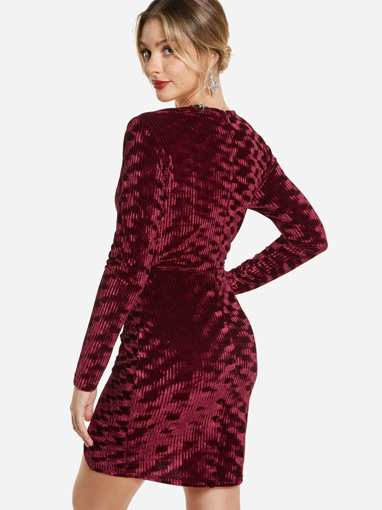 Wholesale Deep V Neck Plain Wrap Long Sleeve Burgundy Sexy Dresses