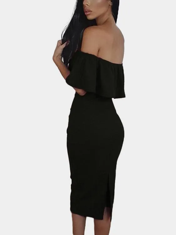 Wholesale Frill Neck Off The Shoulder Plain Slit Short Sleeve Black Sexy Dresses