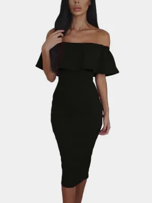 Wholesale Frill Neck Off The Shoulder Plain Slit Short Sleeve Black Sexy Dresses
