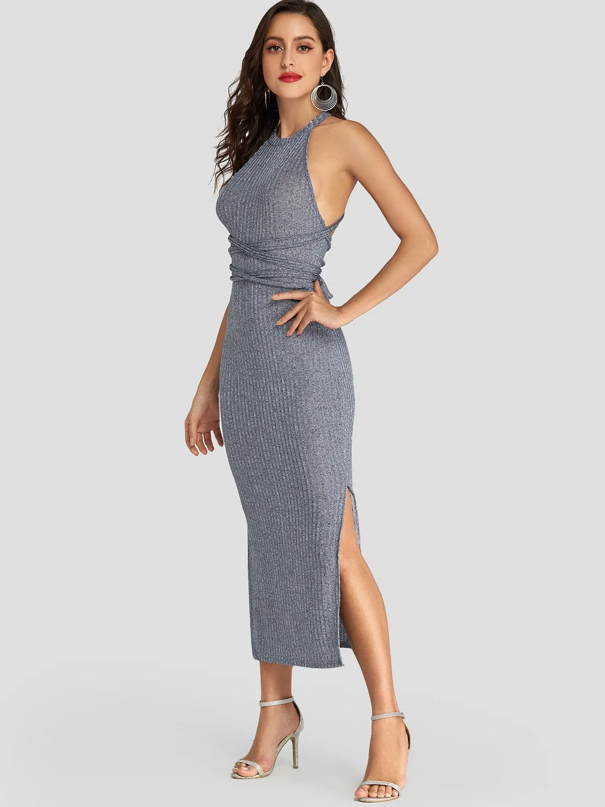 Wholesale Grey Halter Sleeveless Plain Backless Self-Tie Criss-Cross Slit Hem Sexy Dress