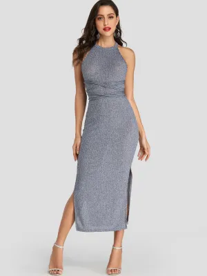 Wholesale Grey Halter Sleeveless Plain Backless Self-Tie Criss-Cross Slit Hem Sexy Dress
