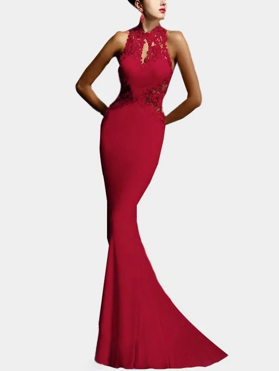 Wholesale Halter Sleeveless Plain Lace Zip Back Backless Hollow Sexy Dress