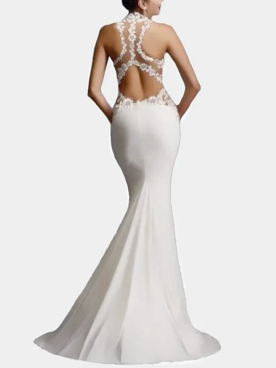 Wholesale Halter Sleeveless Plain Lace Zip Back Backless Hollow Sexy Dress