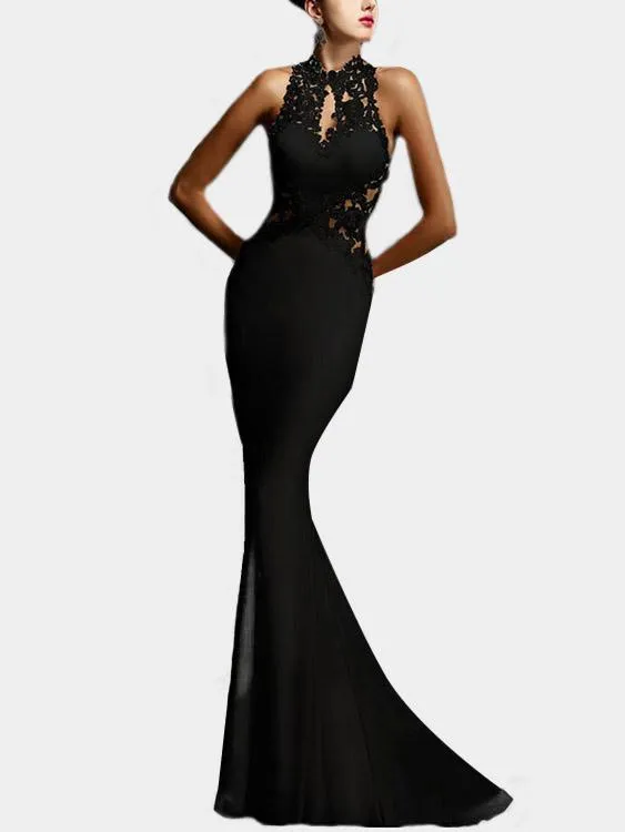 Wholesale Halter Sleeveless Plain Lace Zip Back Backless Hollow Sexy Dress