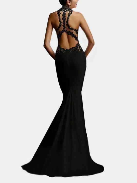 Wholesale Halter Sleeveless Plain Lace Zip Back Backless Hollow Sexy Dress