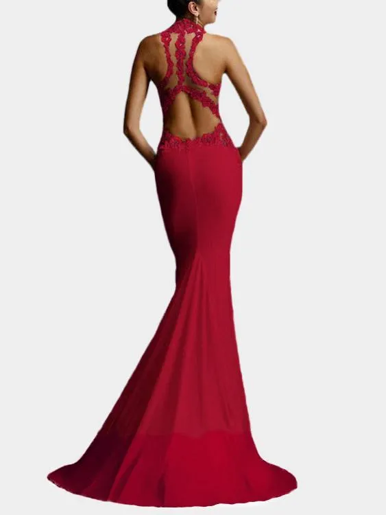 Wholesale Halter Sleeveless Plain Lace Zip Back Backless Hollow Sexy Dress