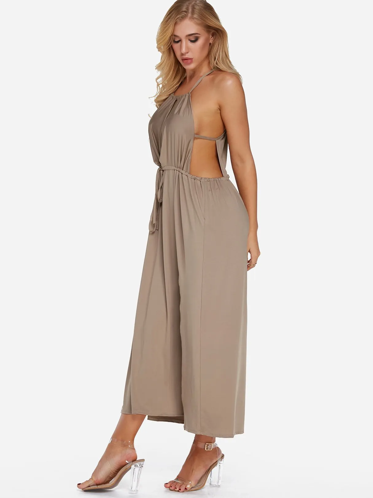 Wholesale Khaki Halter Sleeveless Lace-Up Cut Out Slit Hem Sexy Dresses