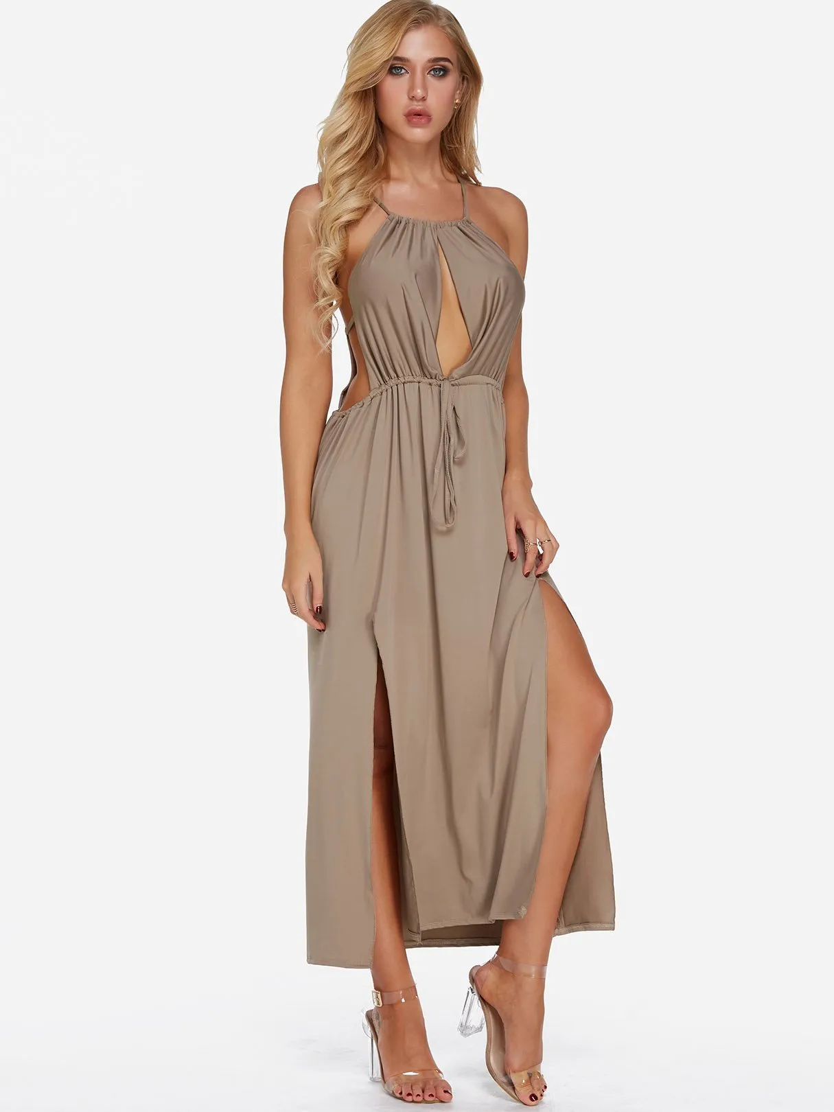 Wholesale Khaki Halter Sleeveless Lace-Up Cut Out Slit Hem Sexy Dresses