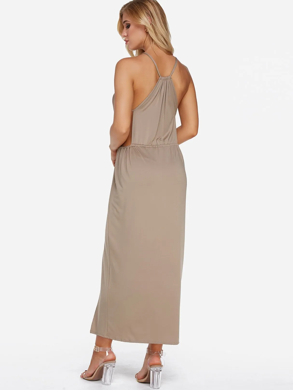 Wholesale Khaki Halter Sleeveless Lace-Up Cut Out Slit Hem Sexy Dresses