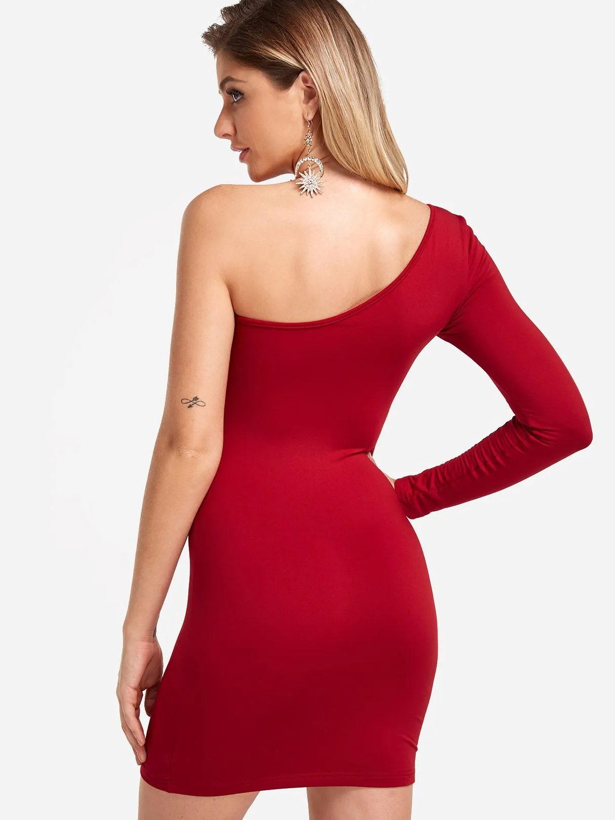 Wholesale One Shoulder Plain Backless Lace-Up Long Sleeve Red Sexy Dresses