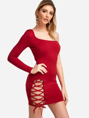 Wholesale One Shoulder Plain Backless Lace-Up Long Sleeve Red Sexy Dresses