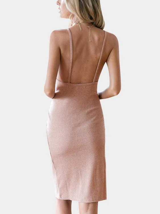 Wholesale Pink Round Neck Sleeveless Plain Backless Slit Hem Sexy Dresses