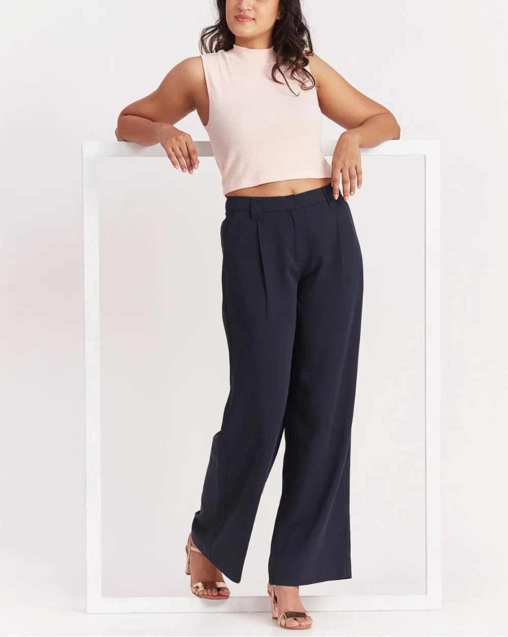 Wide Leg Drapey Pleated Pants - Navy