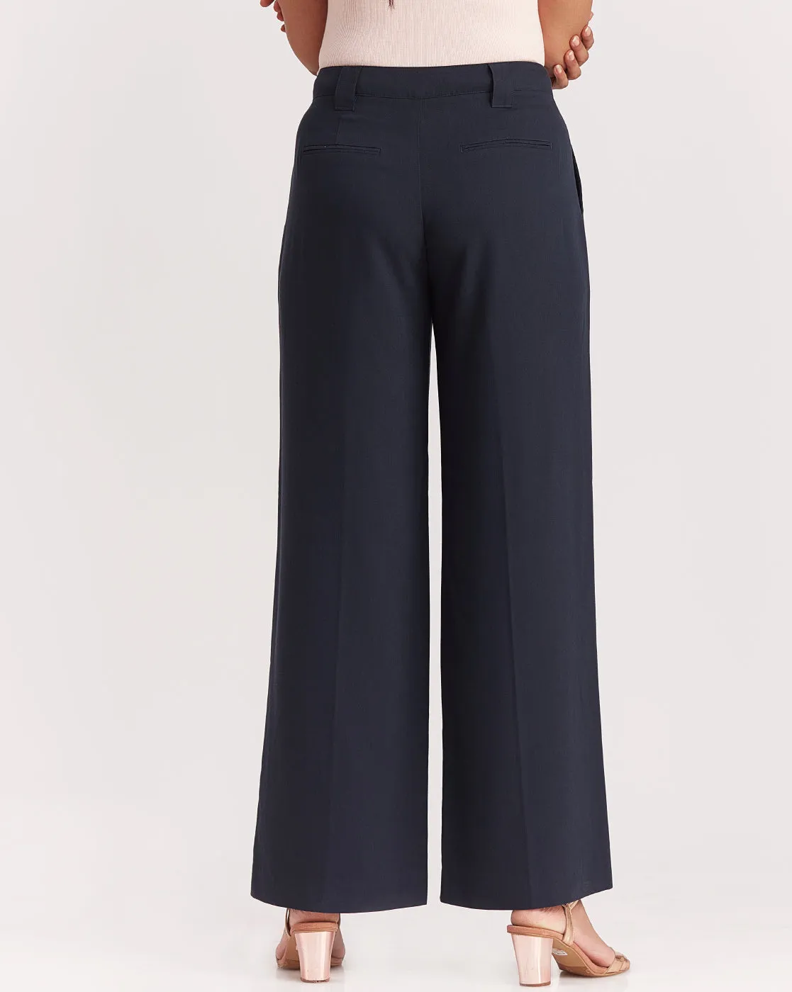 Wide Leg Drapey Pleated Pants - Navy