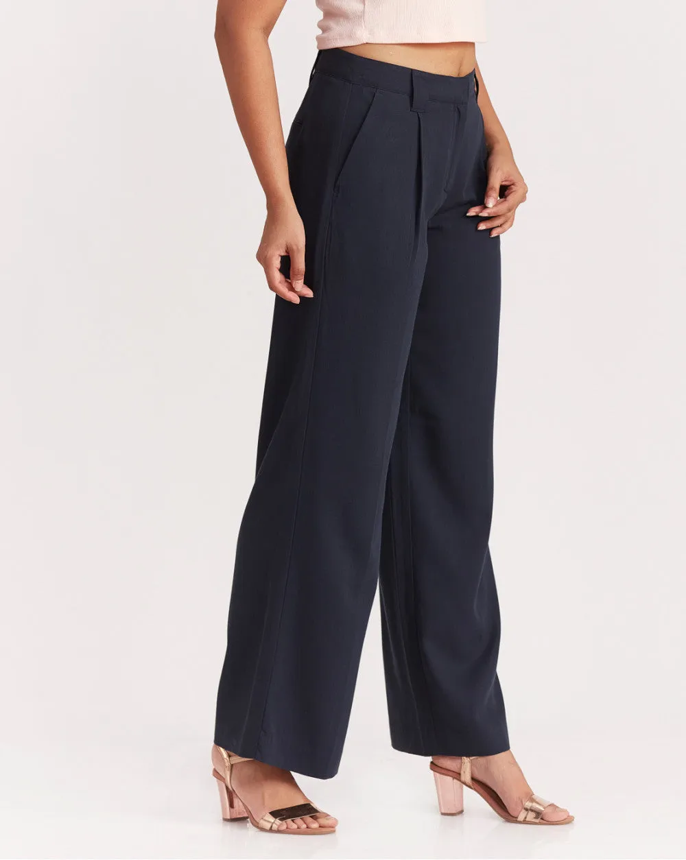 Wide Leg Drapey Pleated Pants - Navy