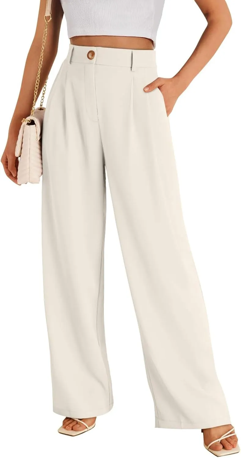 Womens Suit Pants Business High Waist Wide Leg Pant Stretch Button Work Straight Leg Trousers Casual with Pockets