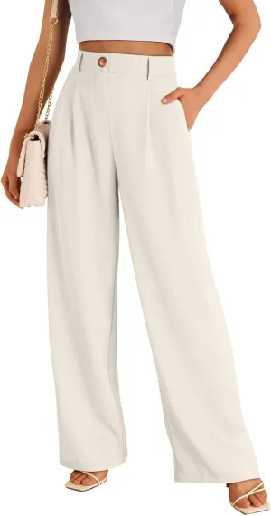 Womens Suit Pants Business High Waist Wide Leg Pant Stretch Button Work Straight Leg Trousers Casual with Pockets