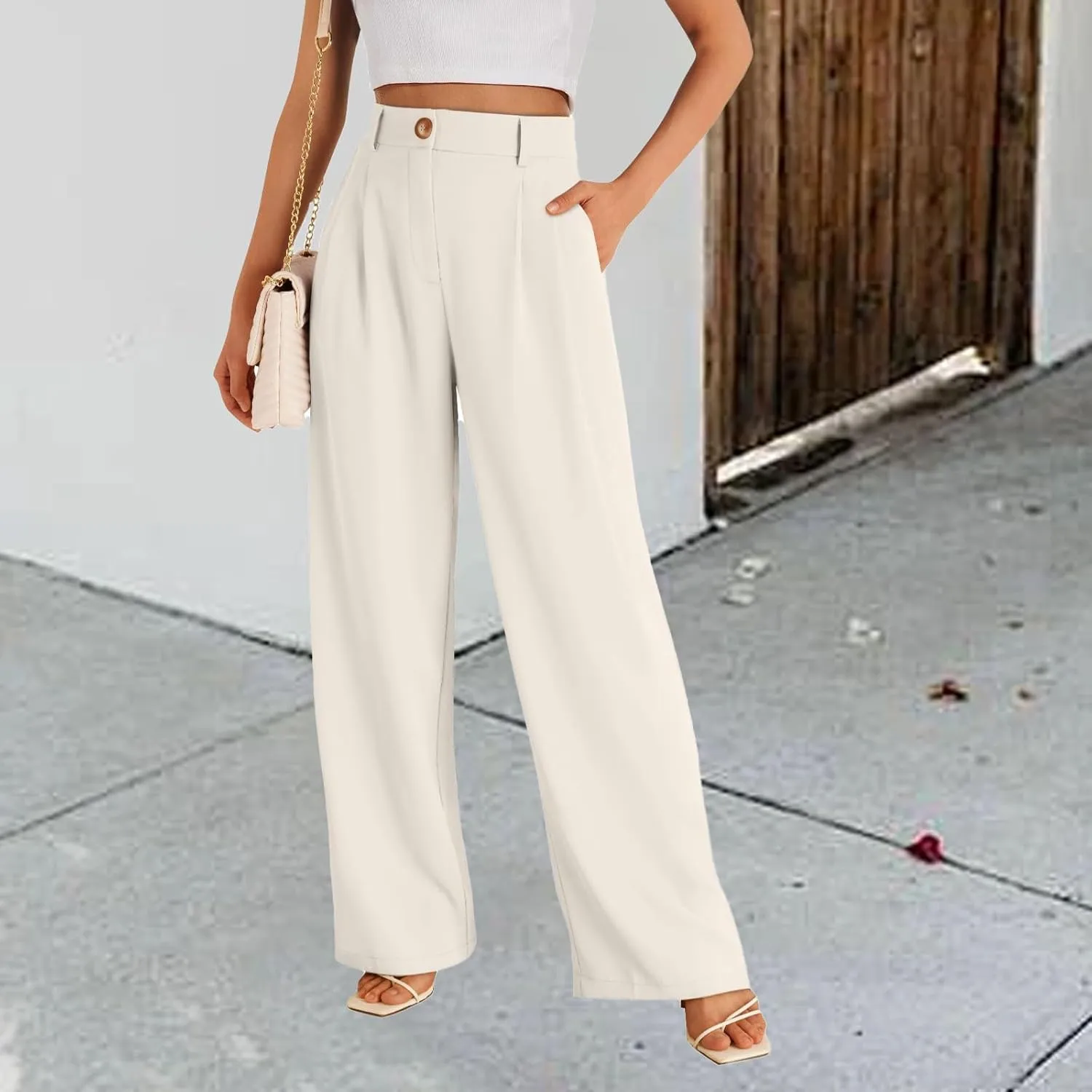 Womens Suit Pants Business High Waist Wide Leg Pant Stretch Button Work Straight Leg Trousers Casual with Pockets